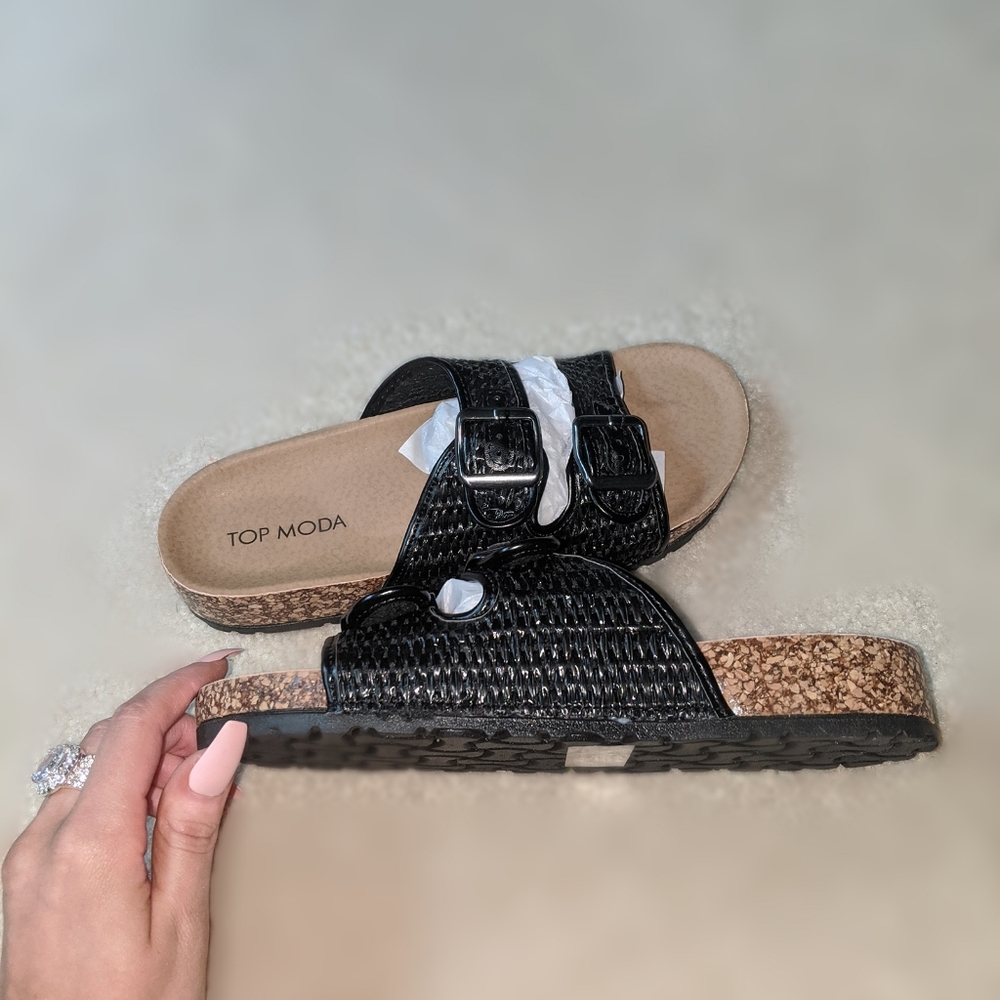 Weave black double buckle slip on sandals - Picture 5 of 7